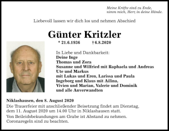 Traueranzeige von Günter Kritzler von Fränkische Nachrichten