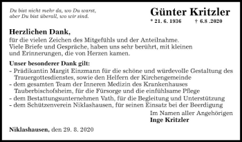 Traueranzeige von Günter Kritzler von Fränkische Nachrichten