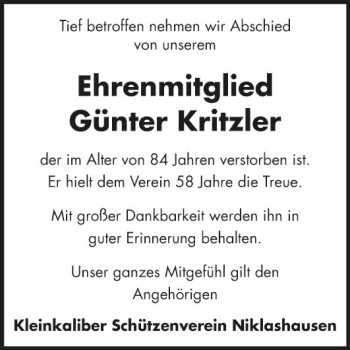 Traueranzeige von Günter Kritzler von Fränkische Nachrichten