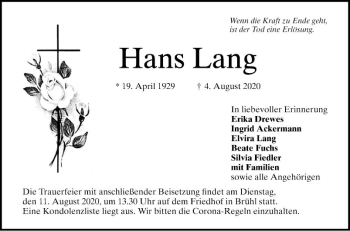 Traueranzeige von Hans Lang von Schwetzinger Zeitung