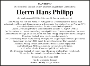 Traueranzeige von Hans Philipp von Fränkische Nachrichten