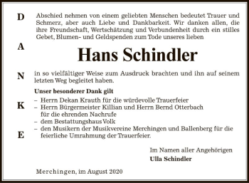 Traueranzeige von Hans Schindler von Fränkische Nachrichten