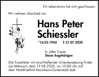 Traueranzeige von Hans Peter Schiessler von Mannheimer Morgen