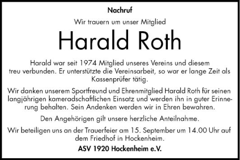  Traueranzeige für Harald Roth vom 31.08.2020 aus Schwetzinger Zeitung