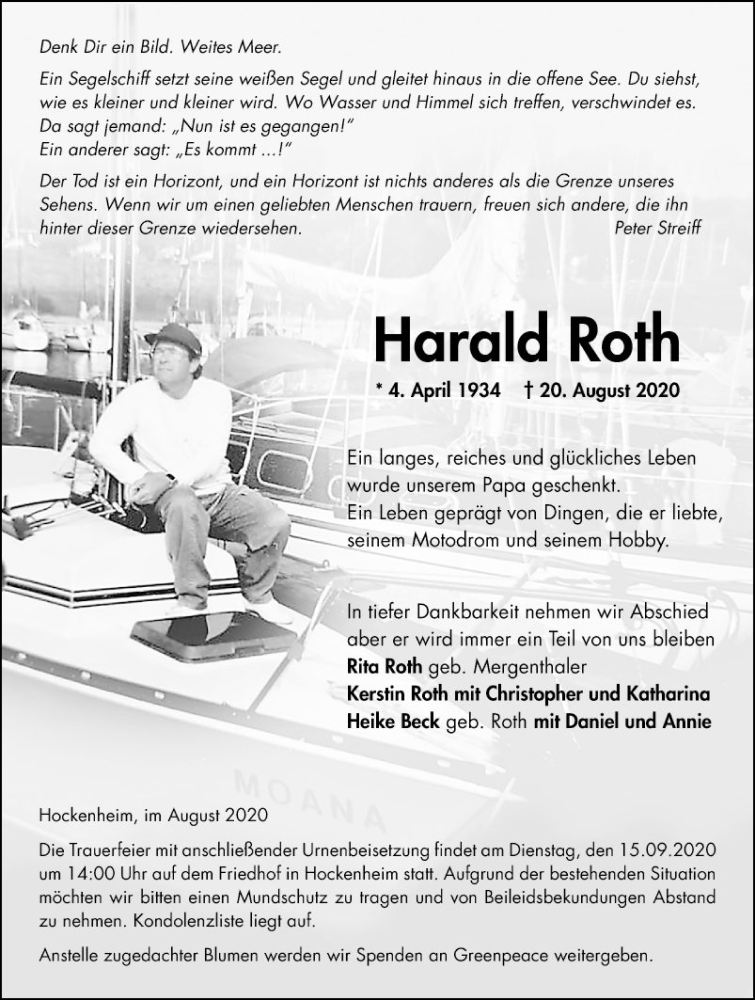  Traueranzeige für Harald Roth vom 29.08.2020 aus Schwetzinger Zeitung