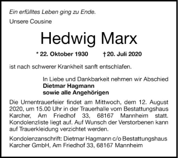 Traueranzeige von Hedwig Marx von Mannheimer Morgen
