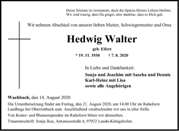 Traueranzeige von Hedwig Walter von Fränkische Nachrichten