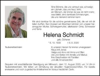 Traueranzeige von Helena Schmidt von Fränkische Nachrichten