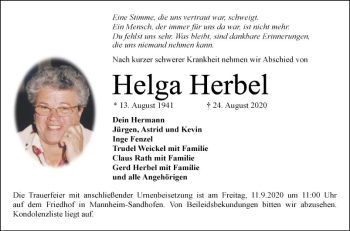 Traueranzeige von Helga Herbel von Mannheimer Morgen