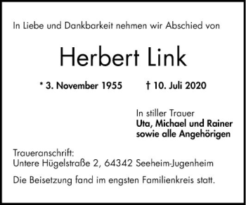 Traueranzeige von Herbert Link von Bergsträßer Anzeiger