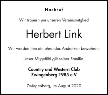 Traueranzeige von Herbert Link von Bergsträßer Anzeiger