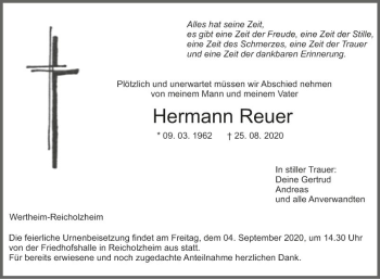 Traueranzeige von Hermann Reuer von Fränkische Nachrichten