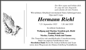 Traueranzeige von Hermann Riehl von Schwetzinger Zeitung