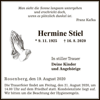 Traueranzeige von Hermine Stiel von Fränkische Nachrichten