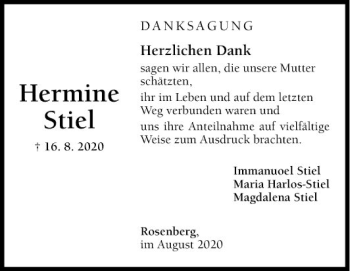 Traueranzeige von Hermine Stiel von Fränkische Nachrichten