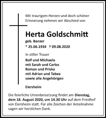 Traueranzeige von Herta Goldschmitt von Fränkische Nachrichten