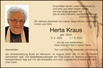 Traueranzeige von Herta Kraus von Fränkische Nachrichten