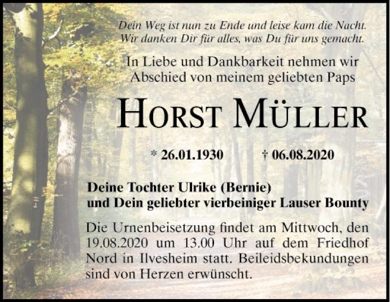  Traueranzeige für Horst Müller vom 15.08.2020 aus Mannheimer Morgen