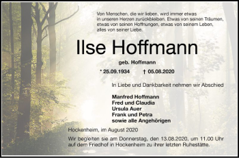 Traueranzeige von Ilse Hoffmann von Schwetzinger Zeitung