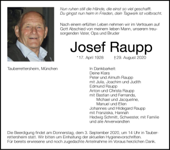 Traueranzeige von Josef Raupp von Fränkische Nachrichten