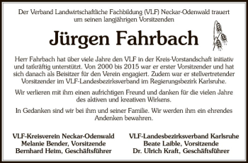 Traueranzeige von Jürgen Fahrbach von Fränkische Nachrichten