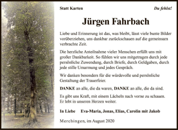 Traueranzeige von Jürgen Fahrbach von Fränkische Nachrichten