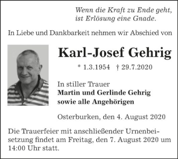 Traueranzeige von Karl-Josef Gehrig von Fränkische Nachrichten