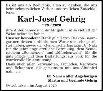 Traueranzeige von Karl-Josef Gehrig von Fränkische Nachrichten