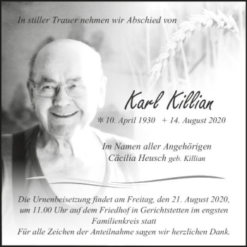 Traueranzeige von Karl Killian von Fränkische Nachrichten