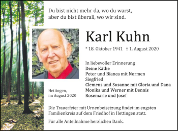 Traueranzeige von Karl Kuhn von Fränkische Nachrichten