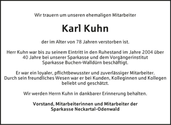 Traueranzeige von Karl Kuhn von Fränkische Nachrichten