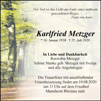 Traueranzeige von Karlfried Metzger von Mannheimer Morgen