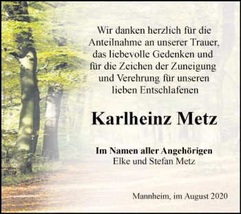 Traueranzeige von Karlheinz Metz von Mannheimer Morgen