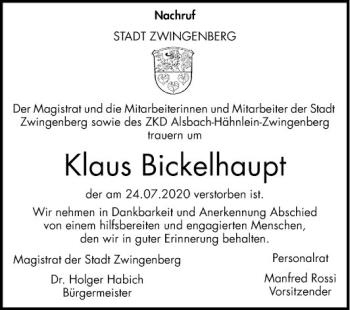 Traueranzeige von Klaus Bickelhaupt von Bergsträßer Anzeiger