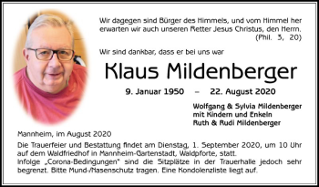 Traueranzeige von Klaus Mildenberger von Mannheimer Morgen