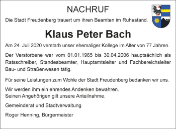 Traueranzeige von Klaus Peter Bach von Fränkische Nachrichten