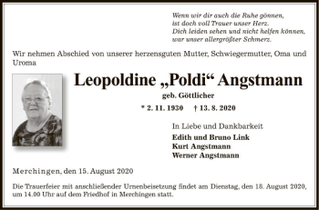 Traueranzeige von Leopoldine Angstmann von Fränkische Nachrichten