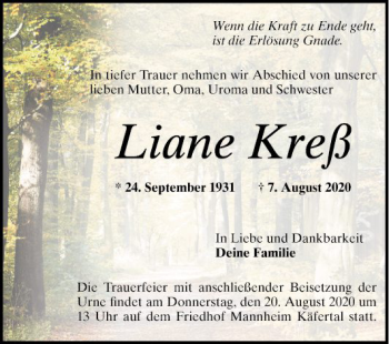 Traueranzeige von Liane Kreß von Mannheimer Morgen