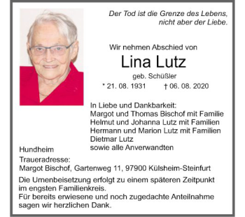 Traueranzeige von Lina Lutz von Fränkische Nachrichten