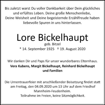 Traueranzeige von Lore Bickelhaupt von Mannheimer Morgen