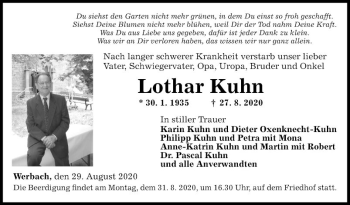 Traueranzeige von Lothar Kuhn von Fränkische Nachrichten