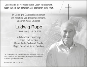 Traueranzeige von Ludwig Rupp von Fränkische Nachrichten