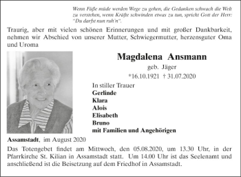 Traueranzeige von Magdalena Ansmann von Fränkische Nachrichten