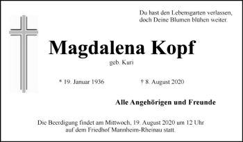 Traueranzeige von Magdalena Kopf von Mannheimer Morgen