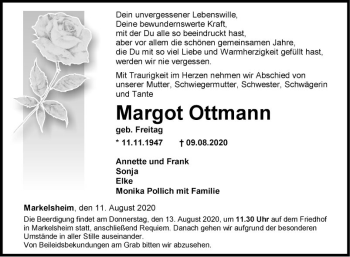 Traueranzeige von Margot Ottmann von Fränkische Nachrichten