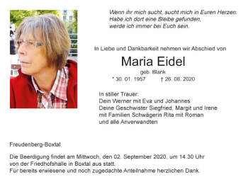 Traueranzeige von Maria Eidel von Fränkische Nachrichten