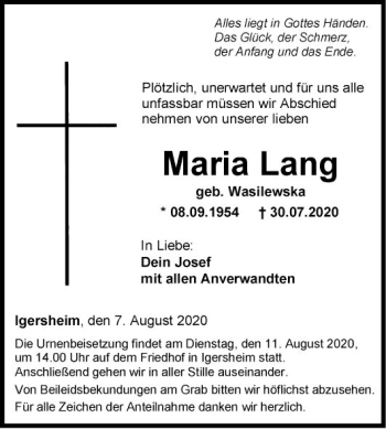 Traueranzeige von Maria Lang von Fränkische Nachrichten