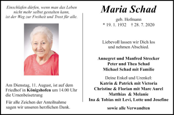 Traueranzeigen von Maria Schad | Trauerportal Ihrer Tageszeitung