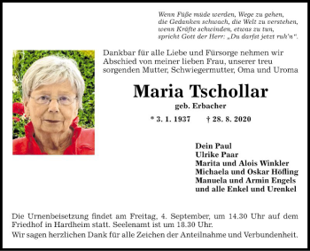 Traueranzeige von Maria Tschollar von Fränkische Nachrichten