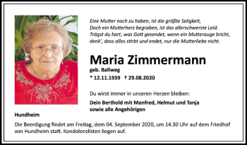 Traueranzeige von Maria Zimmermann von Fränkische Nachrichten